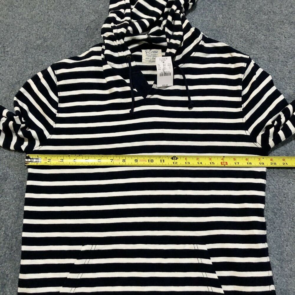 J. Crew Hooded Pullover Small Navy Blue White Stripe Front Pouch Pocket Loose - Picture 7 of 11